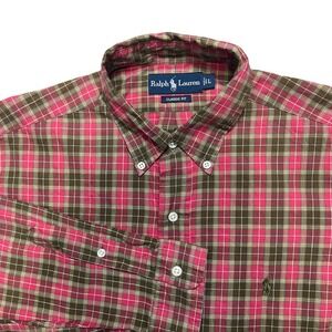 Ralph Lauren Button Down Shirt Mens Large Red Olive Green Plaid Classic Fit pony
